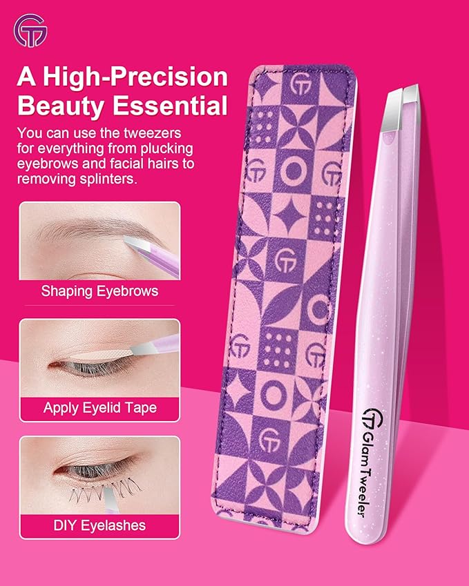 Expert Eyebrow Hair Removal Tweezer with Leather Case, GlamTweeler High Precision Slant Tip Stainless Steel Tweezers for Men and Women (Sparkle Baby Pink)