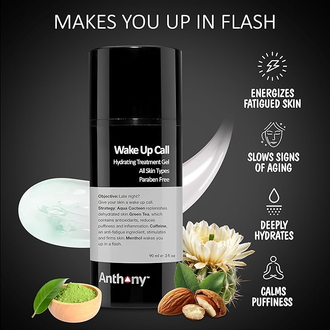 Anthony Wake Up Call, 3 Fl Oz, Face and Anti-Puffiness – Tired Skin Refresher & Moisturizer with Caffeine, Menthol, Green Tea, and Shea Butter