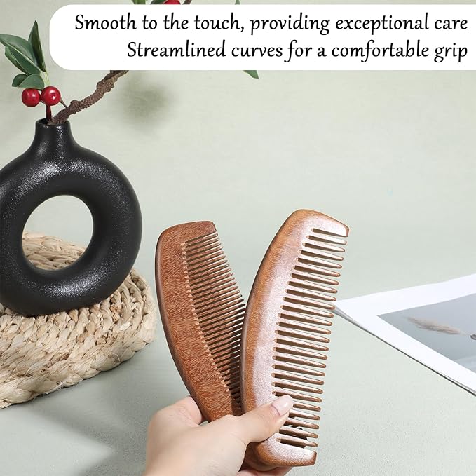 Wooden Comb for Women, 2 Pieces Wooden Hair Combs Natural Sandalwood Fine Tooth Beard Comb Anti-Static Wide Tooth Detangling Combs for Women Men Curly Straight Hair