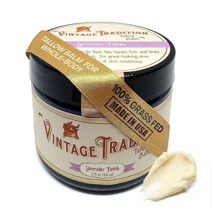Vintage Tradition Beef Tallow All Purpose Balm - Healing, Hydrating Lavender Skin Care Salve Replaces Body Lotion, Hand Cream, More - Essential Oil, Olive Oil, and Grass-Fed Tallow, 2 fl. oz.