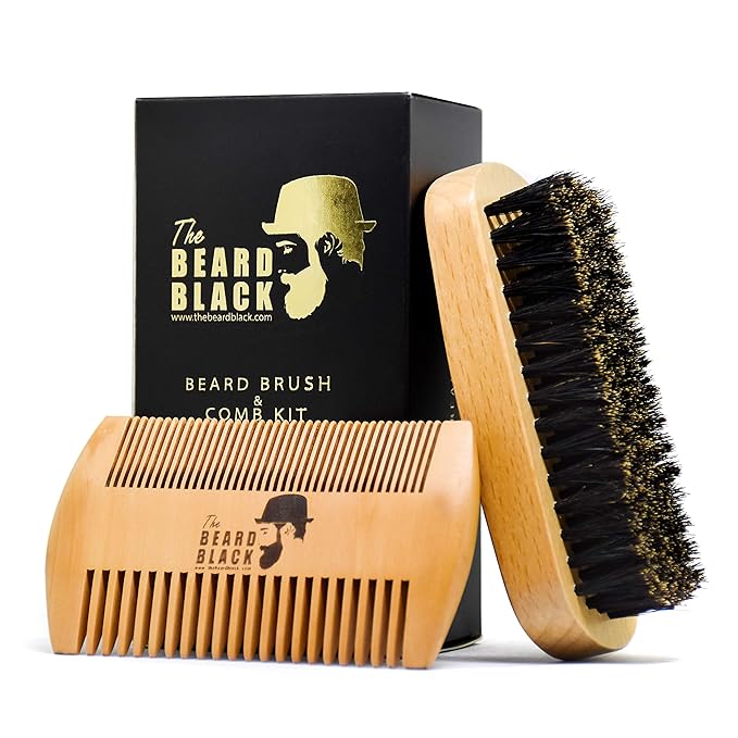 Beard Brush & Comb Set for Men - Natural Boar Bristle Brush, Dual Action Pear Wood Comb, Gift Box & Travel Pouch. Enhances Growth & Styling with Balm Oil Distribution by The Beard Black (Black)