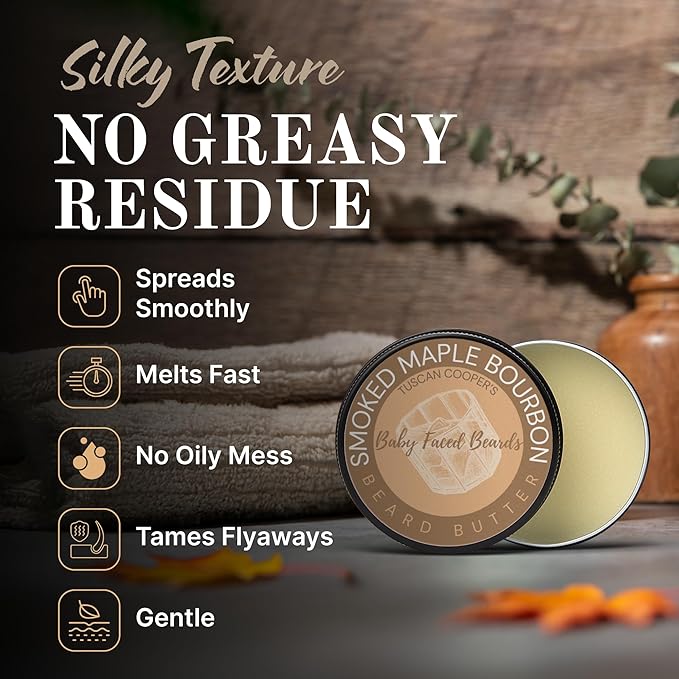 Tuscan Cooper's Baby Faced Beards Butter for Men - Moisturizing Beard Balm Cream and Softener for All Hair Types Including Coarse Hair - 4oz Hydration and Conditioning Care - Smoked Maple Bourbon