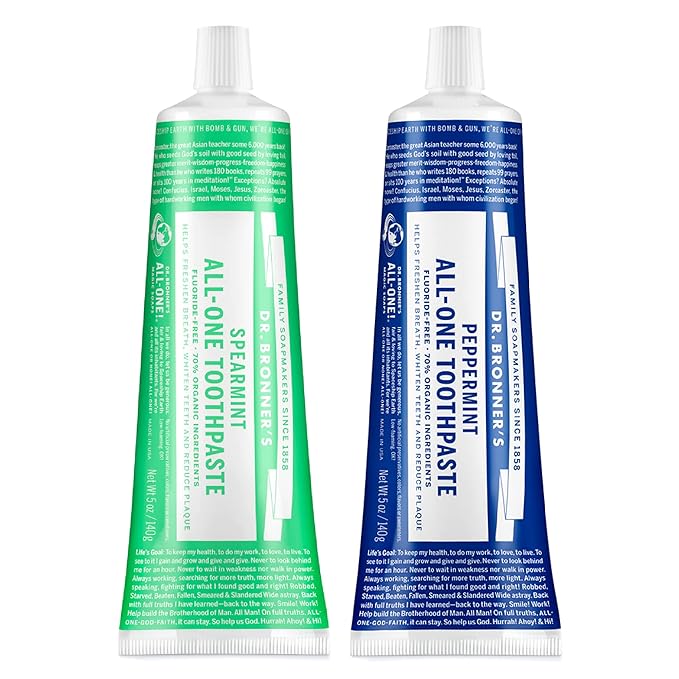 Dr. Bronner’s All-One Toothpaste– Peppermint & Spearmint, 5 oz, 2-Pack– Fluoride-Free Toothpaste for Adults, 70% Organic & Natural Ingredients, Vegan, Helps Freshen Breath, Reduce Plaque, Whiten Teeth