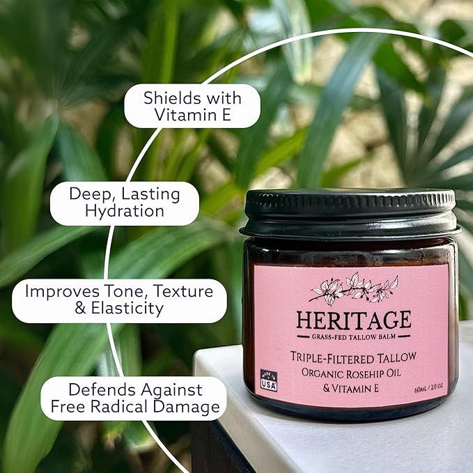 Whipped Beef Tallow for Skin Eczema - Infused Rosehip Oil - Made in USA, Baby, Men, Women All-Natural Moisturizer for Body & Face, Wrinkle Repair Anti Aging Defense, Grass Fed Skincare - 2 Oz