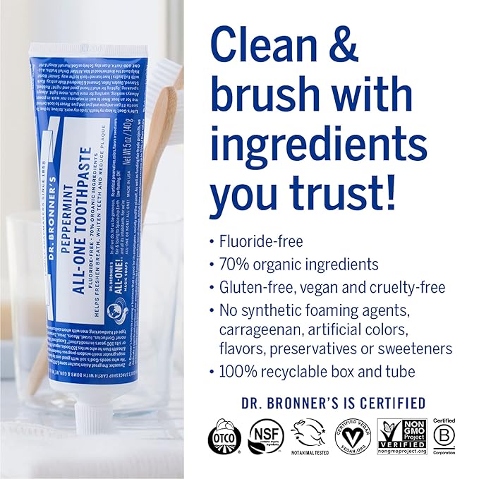 Dr. Bronner’s All-One Toothpaste– Peppermint & Spearmint, 5 oz, 2-Pack– Fluoride-Free Toothpaste for Adults, 70% Organic & Natural Ingredients, Vegan, Helps Freshen Breath, Reduce Plaque, Whiten Teeth