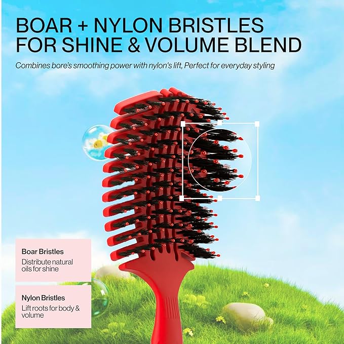 COCCO Aura Vent Boar Brush | Vented Dual-Curved Design for Faster Drying, Effortless Detangling & Shine, Boar + Nylon Bristles, Ergonomic Comfort Handle for Wet & Dry Hair Styling - Red