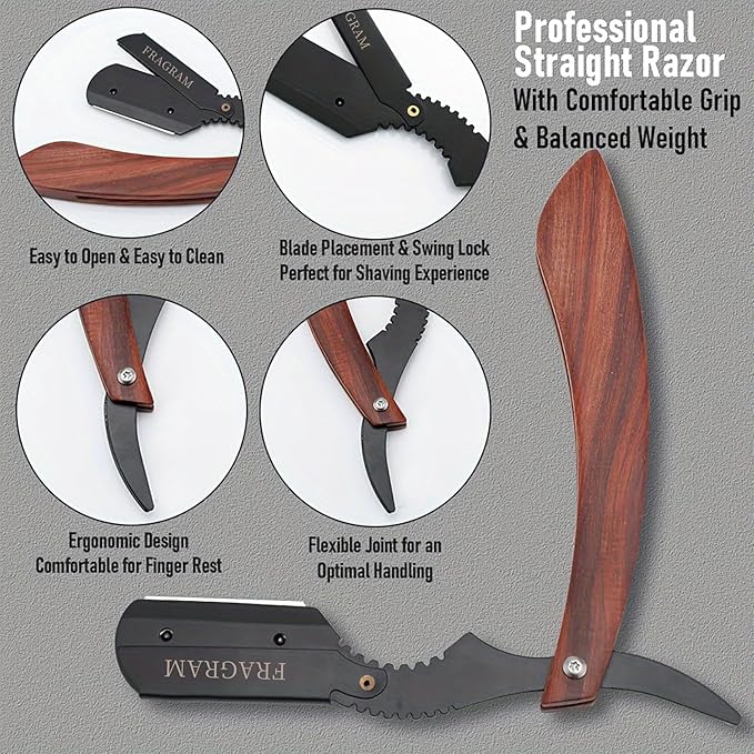 wooden handle manual shaving razor with replacement blade compatible with S23 stainless steel hair clipper, used for shaving razors (剃须刀架+10片刀片)