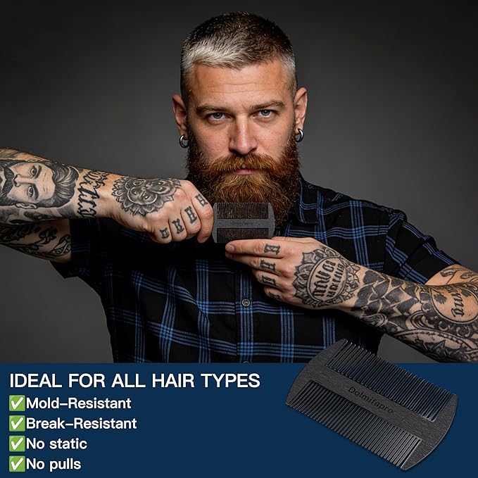 304 Stainless Steel Pocket Beard Comb for Men, Anti-Static Dual Fine Coarse Teeth Ultra-Thin Mustache Hair Grooming Comb with PU Leather Case (black)