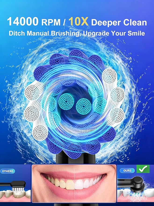 Rotating Electric Toothbrush for Adults with 8 Brush Heads, Travel Case, 5 Modes Rechargeable Power Toothbrush with Smart Timer,USB-C Charge 50-Day Battery Life, 3 Intensity, R05(Black)
