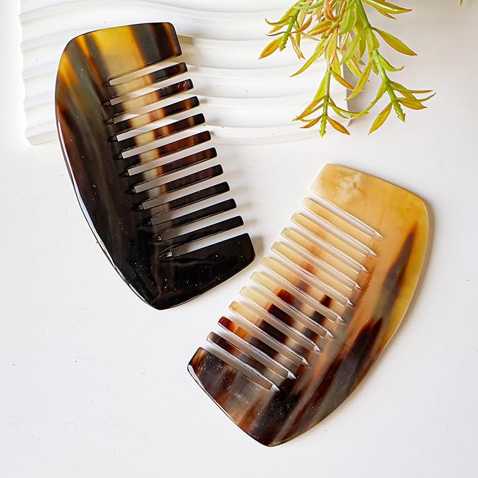 Natural Buffalo Horn Wide Tooth Comb, Ox Horn Anti Static, Buffalo Horn Wide Bone, Pocket and Travel Comb Size for Thick Curly Wavy Hair For Wet and Dry (Wide Comb)