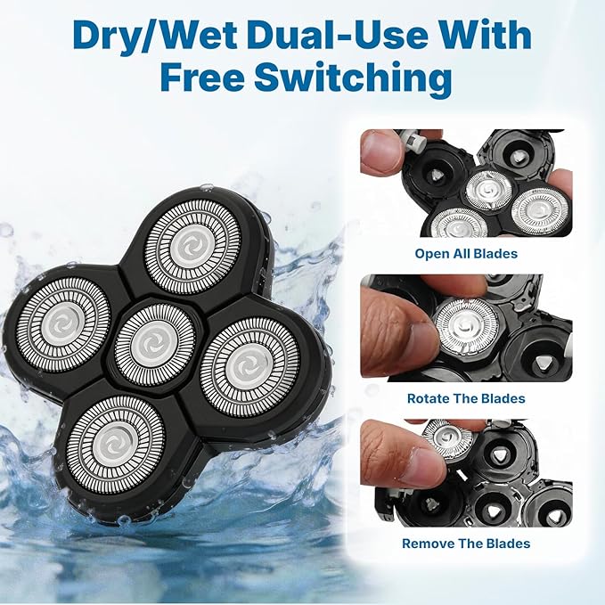 5 Replacement Heads for Universal Series Head Shaver, Waterproof Blade Electric Bald Men Freedom Grooming Waterproof Razor Refills Rotary Heads Design + 2 Cleaning Brushes for Father Husband Partner