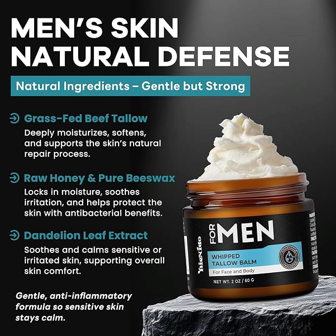 Wrinkle Defense Tallow Balm for Men – Anti-Aging Whipped Beef Tallow with Jojoba Oil for Deep Hydration, Clean Scent Non-Greasy Skincare for Men