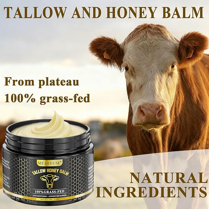 Tallow and Honey Balm - 100% Grass-Fed Beef Tallow for Skin with Organic Raw Honey - Deeply Moisturizing Beef Tallow for Face Body - Natural Formula Care for Dry & Sensitive Skin (5.3 OZ), Tallow Balm