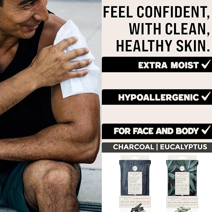 BLKSMITH Face & Body Wipes for Men - Travel Essentials With Activated Charcoal & Menthol Eucalyptus - Total 60 - Ideal Cool Gifts for Men 30x2 - Body Wipes Ideal for Gym, Office, or Outdoors, 2 Pack