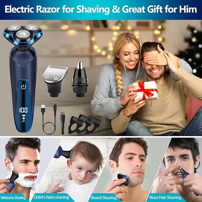 Electric Razor for Men, Electric Shavers for Men Face, Rechargeable 3D Rotary for Shaving with Nose Trimmer Face Cleaning Brush Head Shavers, Waterproof Gifts for Husband,Dad,Boyfriend(Frosted Blue)