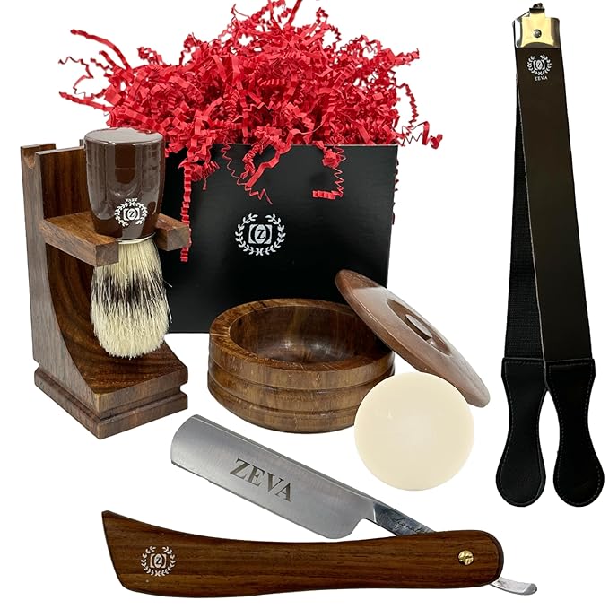Shaving kit for Men Gift set Wood Straight Razor Shave Ready Wooden Shave Stand Wood Bowl Cow Leather Strop for Honning Razor Rich Lather Soap Christmas gift for him