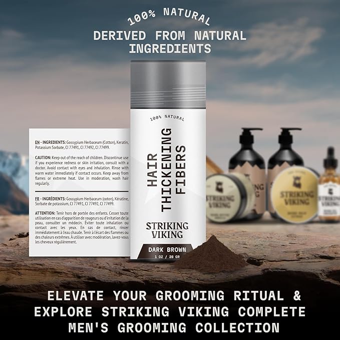 Striking Viking Hair Fibers for Thinning Hair - Dark Brown, 0.98 Oz, Pack of 1 - Volume-Boosting Thickening Powder - Long-Lasting Hold Styling Powder