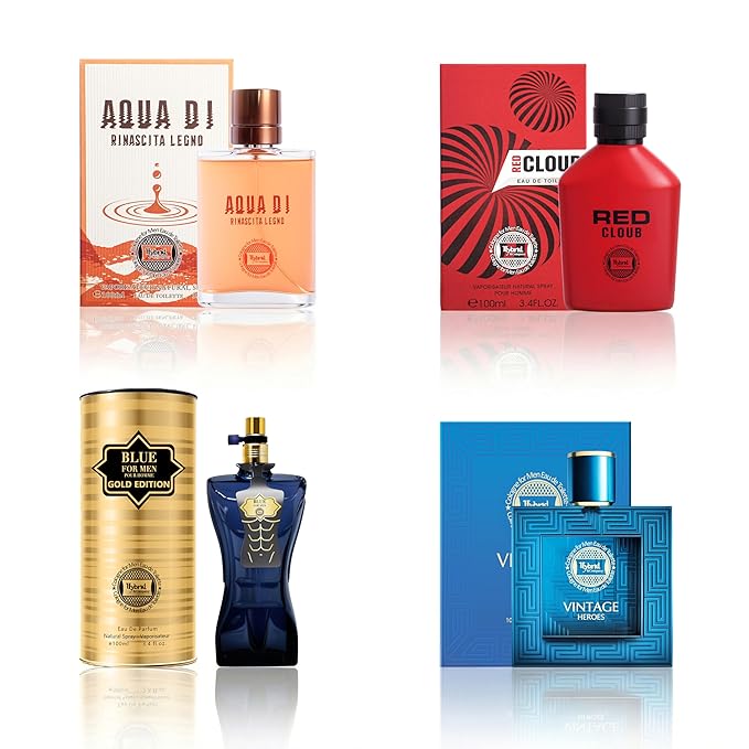 Hybrid & Company Mens 4 Pcs Red Cloub Aqua Blue Gold Edition Vintage Heroes Eau De Perfum Vaporisateur Natural Spray