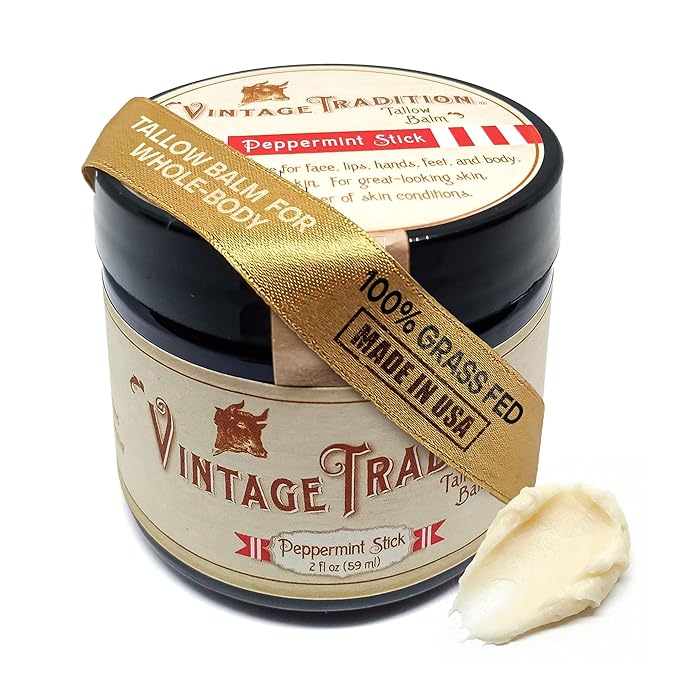 Vintage Tradition Beef Tallow All Purpose Balm - Healing, Hydrating Peppermint Skin Care Salve Replaces Body Lotion, Hand Cream, More - Essential Oil, Olive Oil, and Grass-Fed Tallow, 2 fl. oz.