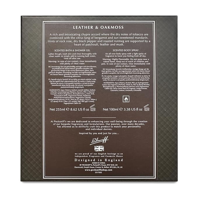 Pecksniffs Mens Bathing Duo Collection – Leather & Oakmoss Scented Body Wash and Body Lotion Gift Set, 2 x 250ml