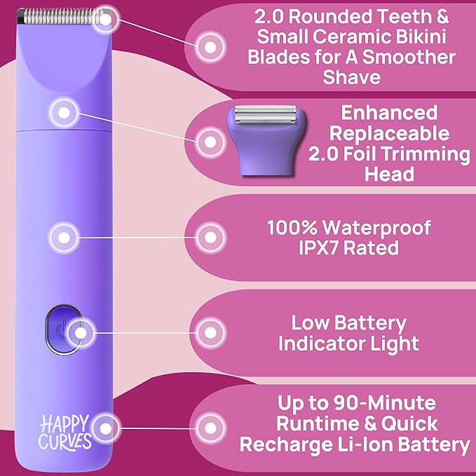 HAPPY CURVES Smoothie 2.0 Bikini Trimmer - Electric Razor for Women, Waterproof Hair Groomer with Adjustable Guards, Personal Shaver for Pubic Hair, Ladies Intimate Shaver and Body Trimmer (Berry)