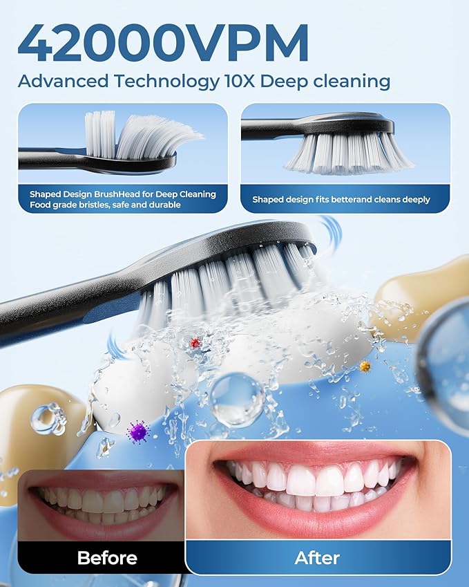 Black Electric Toothbrushes, with 4 Brush Heads, 1 Travel Toothbrush Case, for Adults and Kid Electric Toothbrush, Long 180-Day Battery Life, 6 Modes, IPX7 Waterproof, Smart 2-Minute Timer.