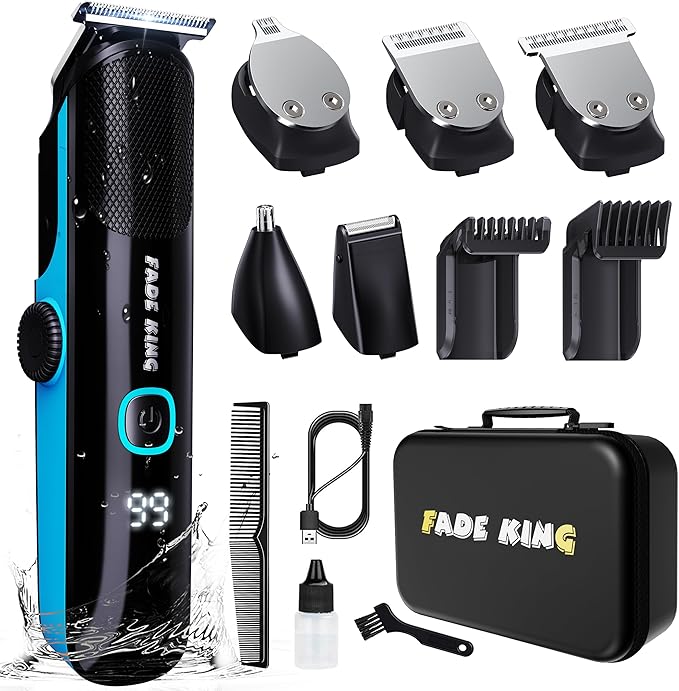 FADEKING Beard Trimmer for Men, Professional Hair Trimmer, Waterproof Electric Beard Trimmer Razor for Nose, Body, Face & Mustache, Cordless Hair Clippers, Grooming Gifts for Men (Blue)