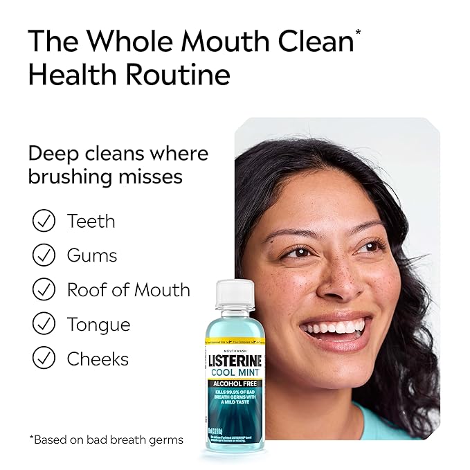 Listerine Alcohol Free Mouthwash, Less Intense Alcohol-Free Oral Care Formula for Bad Breath, Cool Mint Flavor, 3.2 fl. oz (Pack of 2)