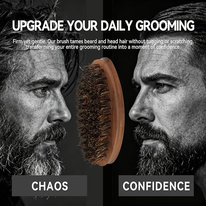 Pocket Mustache Brush and Travel Brush - Wooden Boar Bristle Beard Brush for Men with Small Metal Beard Comb, Perfect for Home and Travel Use - Samll