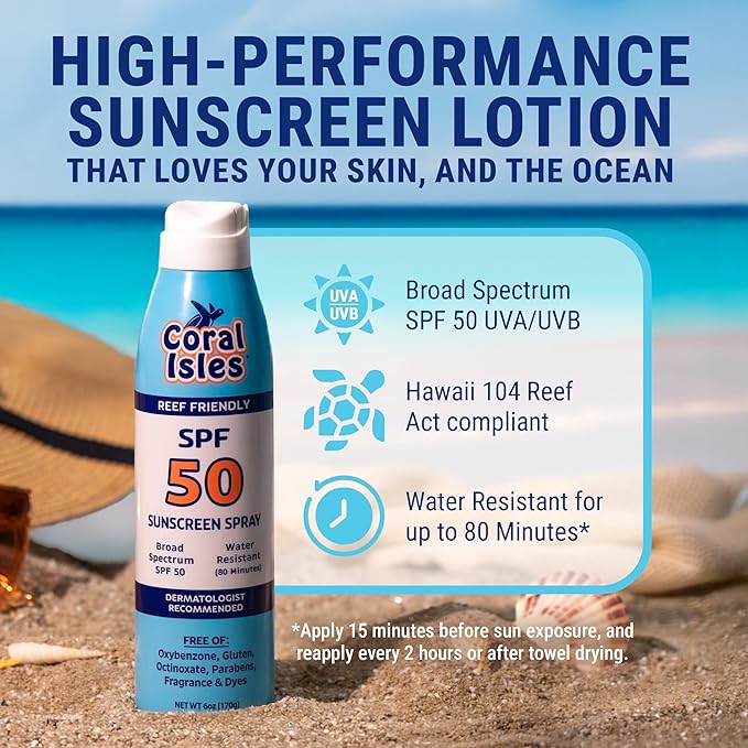 Coral Isles Sunscreen Spray SPF 50 - Hawaii Compliant - Oxybenzone & Octinoxate Free - Broad Spectrum - Water Resistant, 6 Fl Oz (Pack of 3)