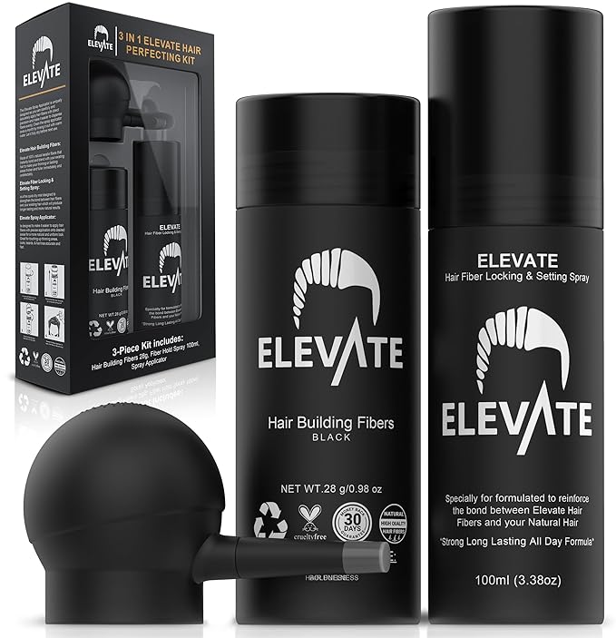 ELEVATE Hair Perfecting 3-in-1 Kit Set Includes Natural Hair Thickening Fibers & Spray Applicator Pump Nozzle & Locking Setting Hold Spray | Instantly Conceal Balding and Thinning Areas (Black)