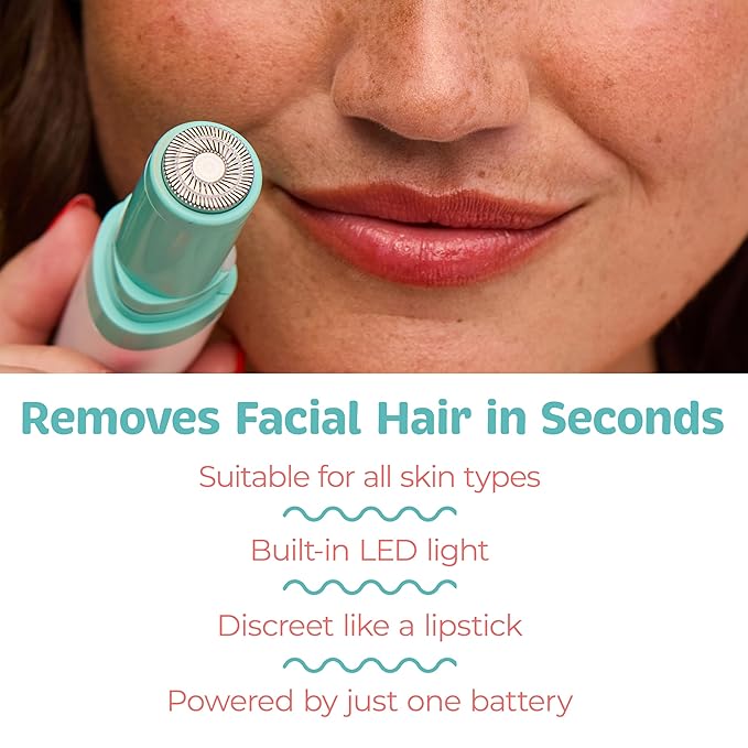 PalmPerfect Facial Hair Remover for Women – Portable Lipstick-Sized Shaver with Built-in LED Light – Painless Dual-Track Rotary Blade for Upper Lip, Cheeks, and Forehead – AA Battery Powered