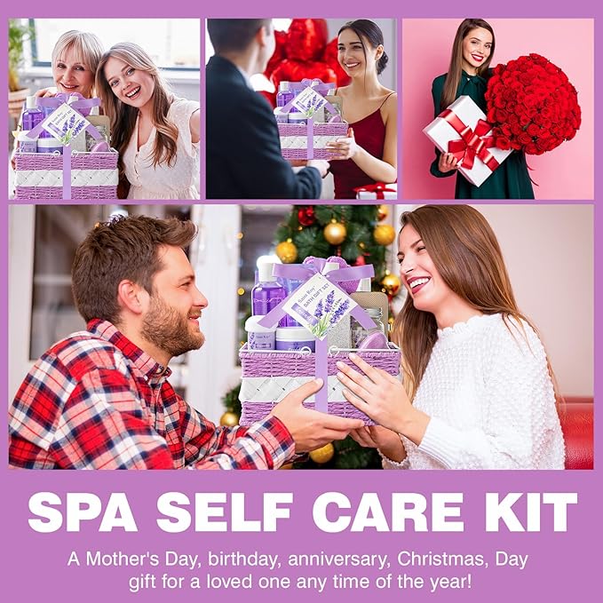 Large Spa kit for women gift set, 20 PCS Spa Gift Baskets Christmas Gifts for Women Bath Kit with Lavender gifts spa gift set Basket, Luxury Self Care Home Spa Kit Lavender Bath Gift Basket