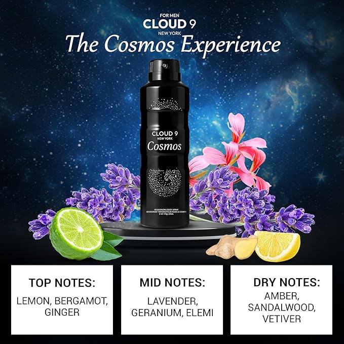 Cloud 9 Cosmos Deo Body Spray for Men 7.64 fl oz – Long Lasting Fresh & Earthy Scent with Lemon, Bergamot, Lavender – Ideal For Work,Travel, Social Events,Gym & Outdoor Activities - All Day Freshness