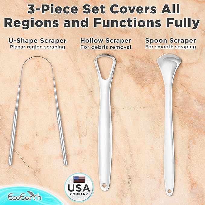 Tongue Scraper for Adults - 3 Pcs Metal Tongue Cleaner with Silver Storage Case - Tough Stainless Steel Mouth Scrubber for Fresh Breath & Oral Hygiene - by EcoEarth