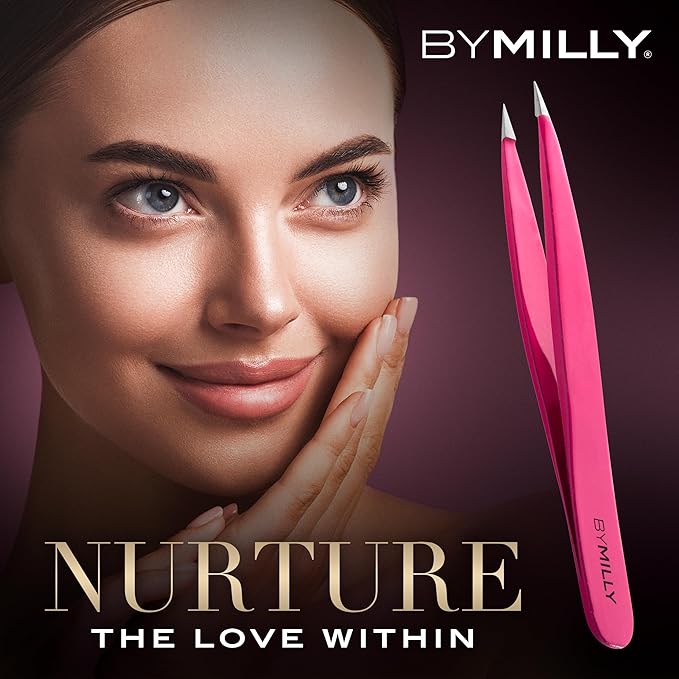 Pointed Tweezers | High Carbon Stainless Steel Needle Nose | Fine Point Precision Hair Removal | Perfectly Aligned & Hand-Filed Sharp | Pink