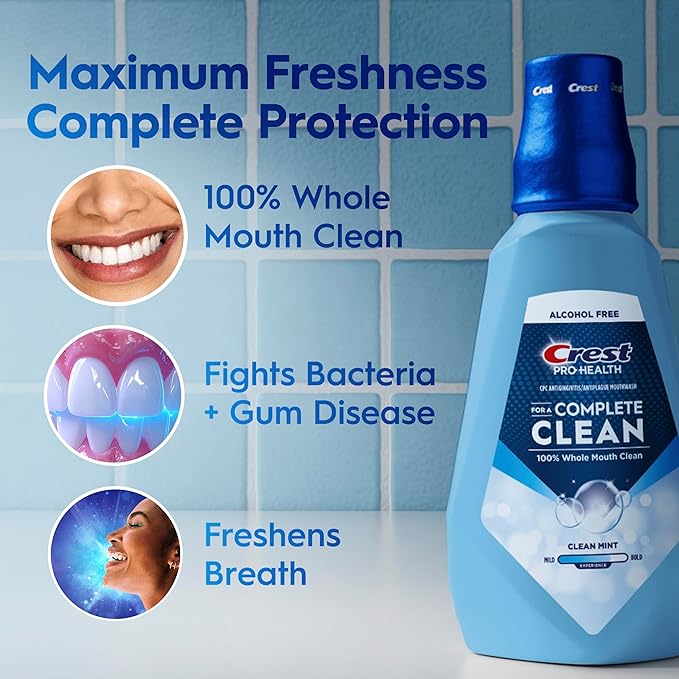 Crest Pro-Health Clean Mint Mouthwash, CPC Antigingivitis/Antiplaque Mouthwash, 500 mL (16.9 Fl Oz ), Pack of 4, Crest Mouthwash, Gingivitis Treatment