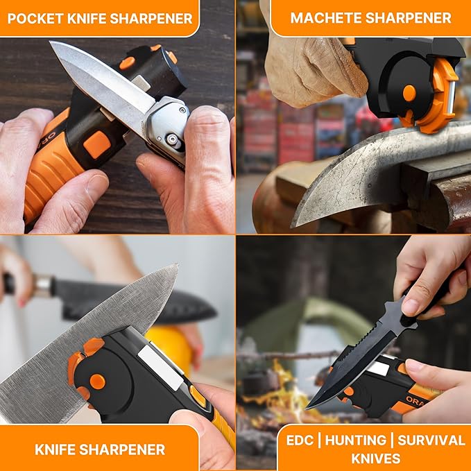 Orange Ninja 7-in-1 Knife & Garden Tool Sharpener – Sharpens Pocket Knives, Axe, Hatchet, Machete, Pruner & Hedge Shears – Repairs & Hones Edges by Sharp Pebble
