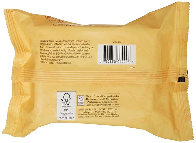 Burt's Bees Facial Cleansing Towelettes for Normal Skin with White Tea Extract, 30 Count