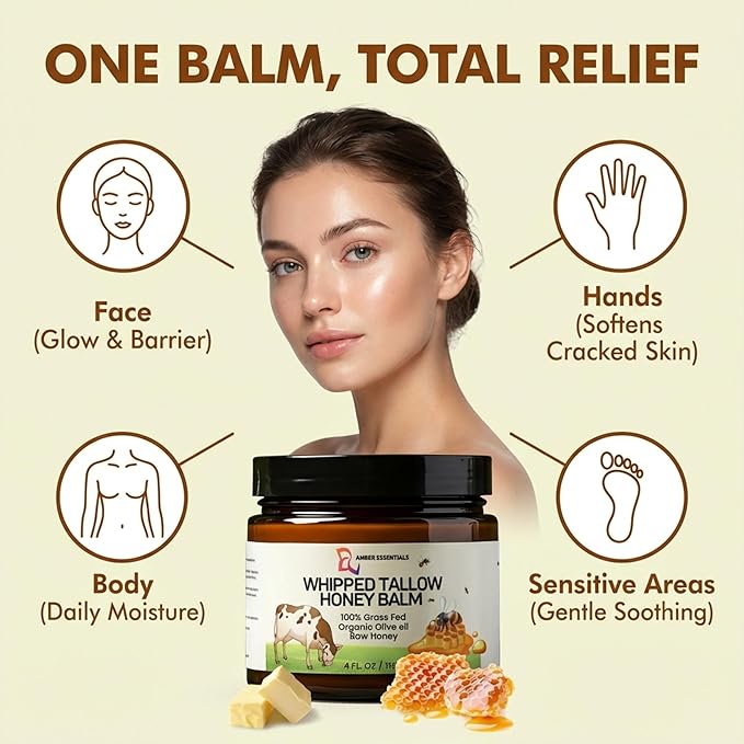 Beef Tallow & Honey Balm, All-Natural Moisturizer with Raw Honey & Olive Oil, Grass-Fed Tallow Cream for Face & Body, Deeply Nourishing Skin Care for Women & Men, Rich Moisture