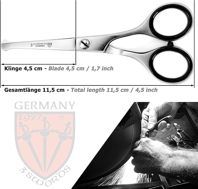 3 Swords Germany – professional NOSTRIL NOSE and EAR HAIR SCISSORS trimmer, stainless steel, straight blade rounded tip with black case for men and women