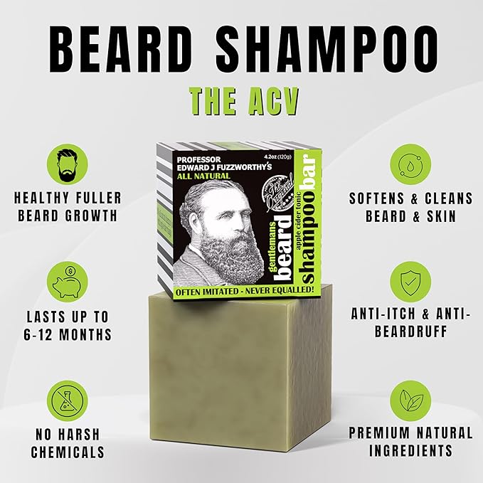 Professor Fuzzworthy's Beard Shampoo Bar - Tasmanian ACV - All Natural Ingredients - Tasmania Australia, 4.2 oz
