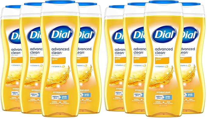 Dial Body Wash, Advanced Clean Gold, 16 Fl Oz, Hydraclean Complex & Vitamin E, Gentle, Leaves Skin Feeling Nourished, Dermatologist-Tested, No Parabens & Sulfates, (Pack of 8)
