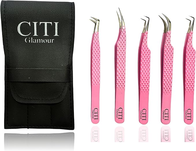 Lash Tweezers For Eye Lash Extension set of 5 Precise Fiber Tip with Diamond Grip Complete set for Volume Lashes Pink