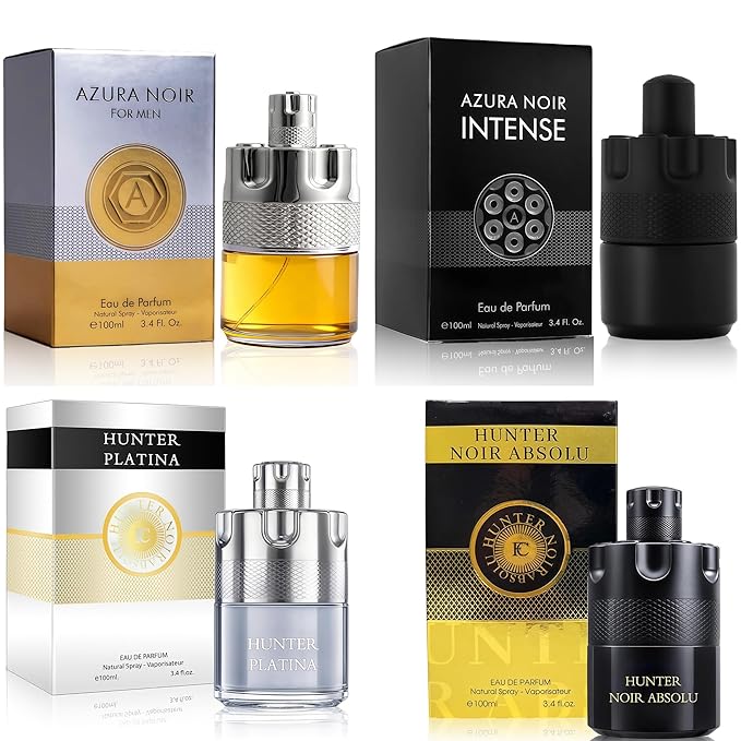 Men's Fragrance Collection 4pcs 3.4 Fl Oz Set IncludeHunter Noir, Hunter Platina, Azura Noir Intense&Azura Scents Eau de Toilette Gift