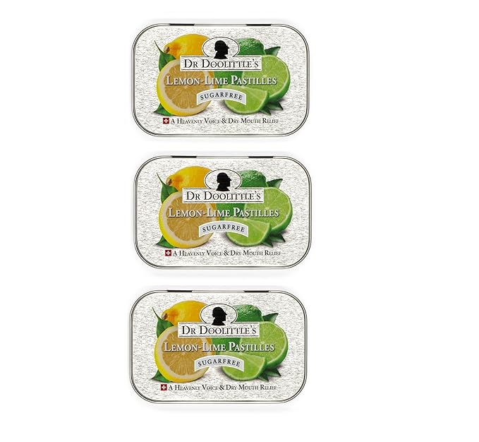 DOOLITTLE Dr Sugar Free Soft Fruit Pastilles for Voice and Throat, Lemon Lime Flavor, 2.12 Ounce Tin, Approximately 25 Count Package, 3 Pack