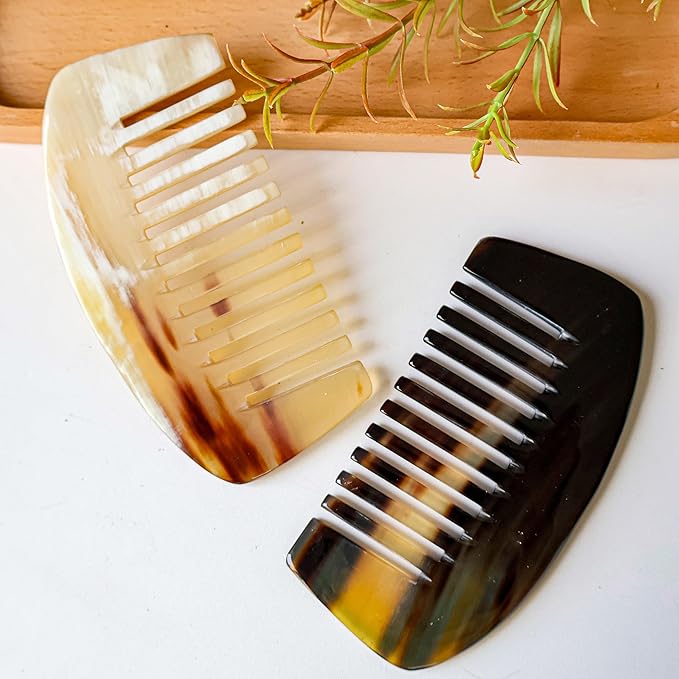Natural Buffalo Horn Wide Tooth Comb, Ox Horn Anti Static, Buffalo Horn Wide Bone, Pocket and Travel Comb Size for Thick Curly Wavy Hair For Wet and Dry (Wide Comb)