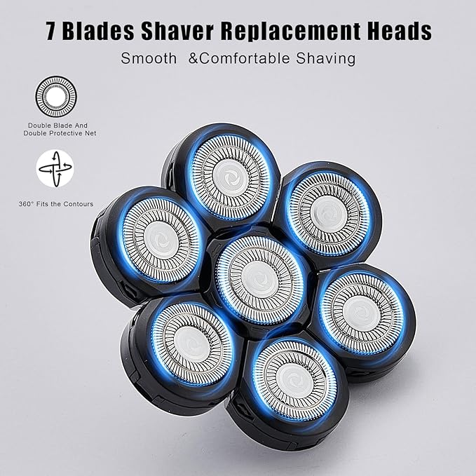 7 Blades Head Shaver Replacement Heads, Universal Fit for Electric Razors, Wet & Dry Use, 7D Floating Design, Stainless Steel Blade Heads, Ideal for Men's Face & Bald Head Shaving (1 Count)
