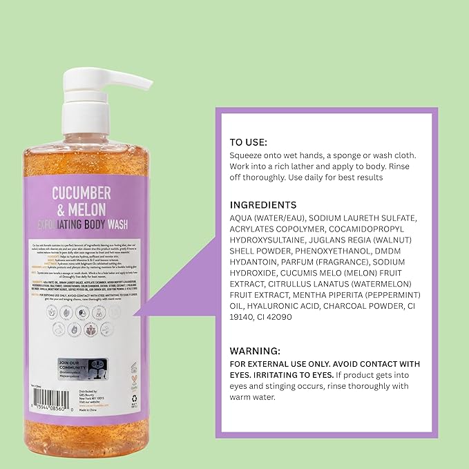 SpaScriptions Exfoliating Cucumber & Melon Body Wash - Scented Moisturizing Body Wash with Hyaluronic Acid for Soft Glowing Skin, Gentle Natural Daily Cleanser Body Scrub, 32 fl oz, Paraben Free