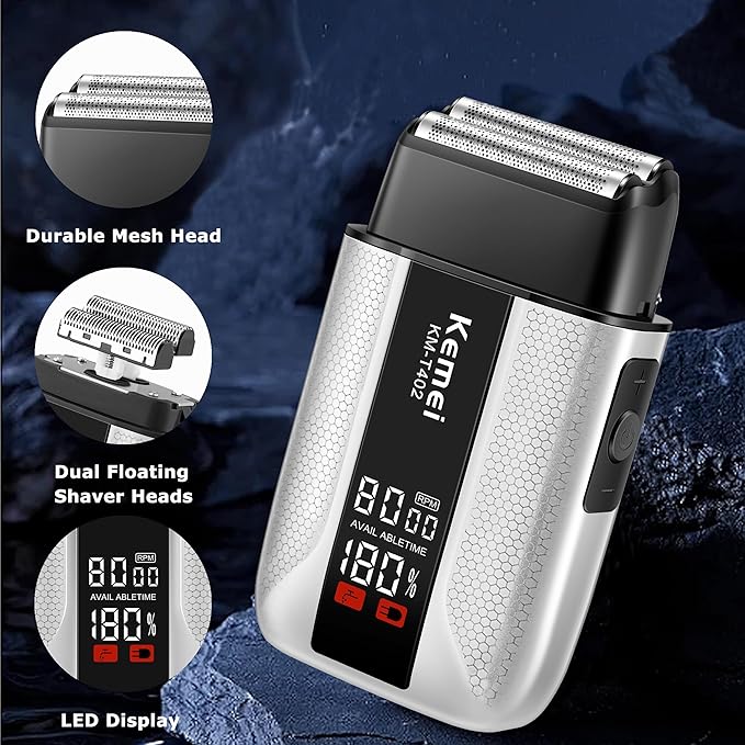 KEMEI T402 Professional Foil Shavers for Men, IPX7 Waterproof Electric Razor for Men with LED Display, Double Electric Shaver with 3 Adjustable Speeds & UV Cover